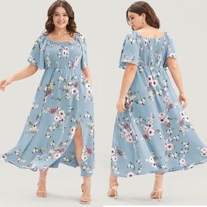 Floral Square Neck Ruffles Pocket Shirred Split Dress